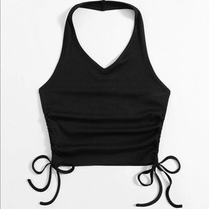☀️Romwe: Solid Drawstring Side Ribbed Halter Crop Top☀️